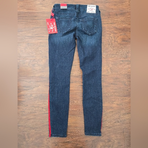 NWT True Religion Jeans Womens 27 Ankle Halle Logo Stripe Super Skinny Stretch M - Picture 1 of 6